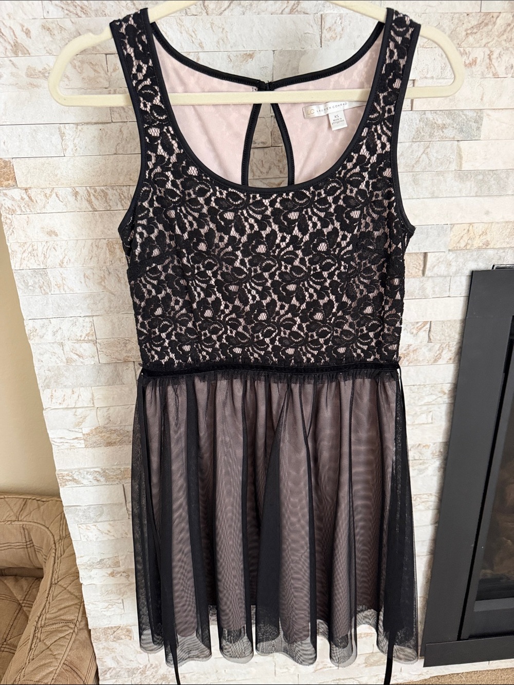 LC Lauren Conrad Black Lace Overlay Pink Slip Fit-and-Flare Dress